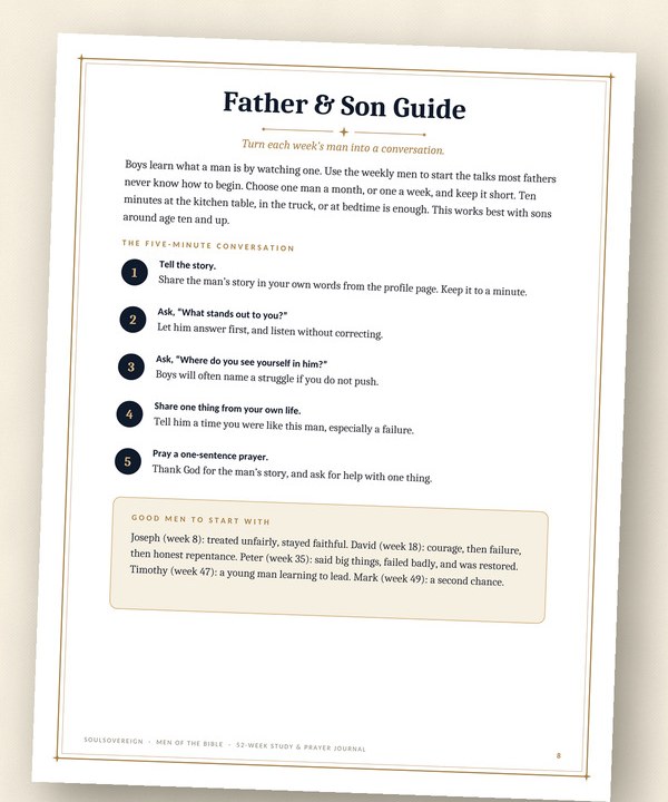 The Father and Son Guide page, with the five-minute conversation steps