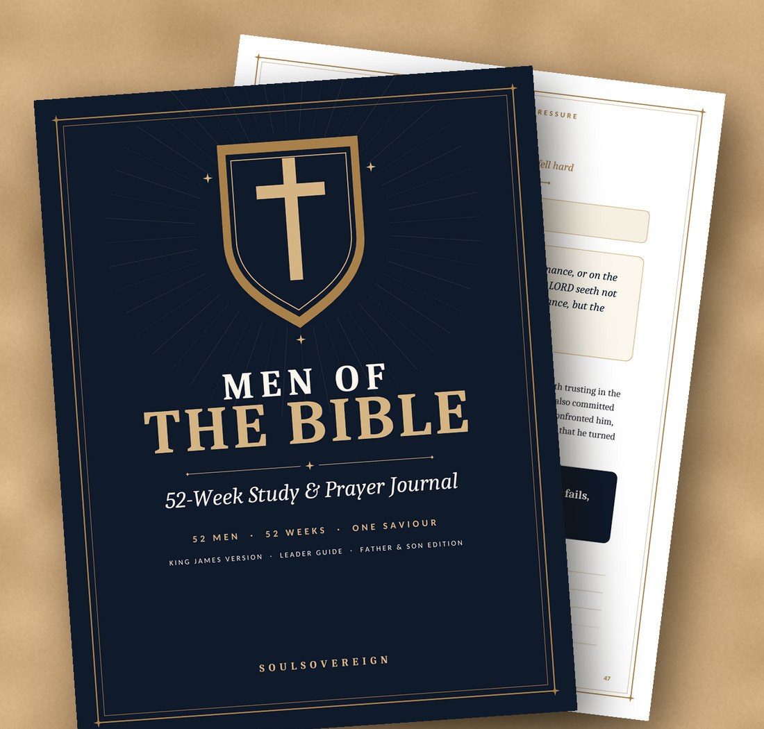 The Men of the Bible 52-Week Study and Prayer Journal cover, with a weekly study page behind it