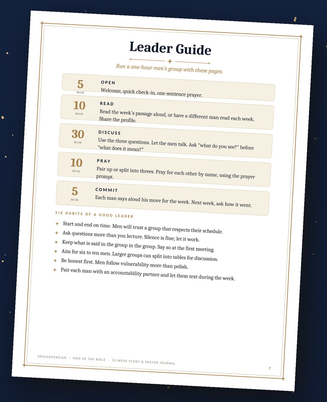 The Leader Guide page, showing a one-hour men's group plan and six habits of a good leader