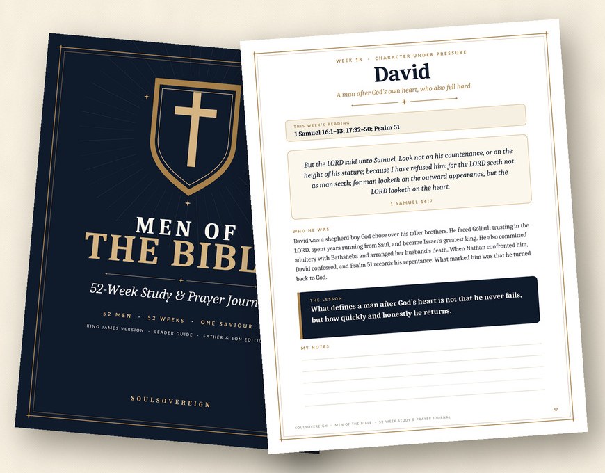Sample page from Week 18 on David, showing the reading, key verse, profile, lesson and notes space